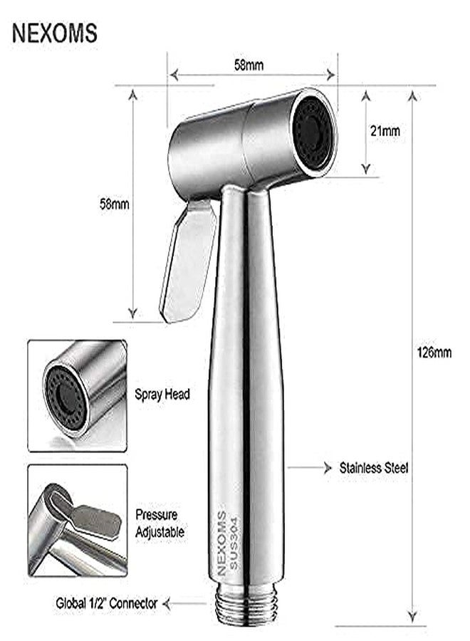 NEXOMS SSBS01 304 Grade Stainless Steel Heavy Duty Health Faucet with 1.2m Ultra Flexible Hose and Wall Hook (Silver) - Image 3